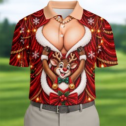 Busty Reindeer Santa Suit Christmas Golf Shirt, Mens Golf Polo, Golf Shirts For Men