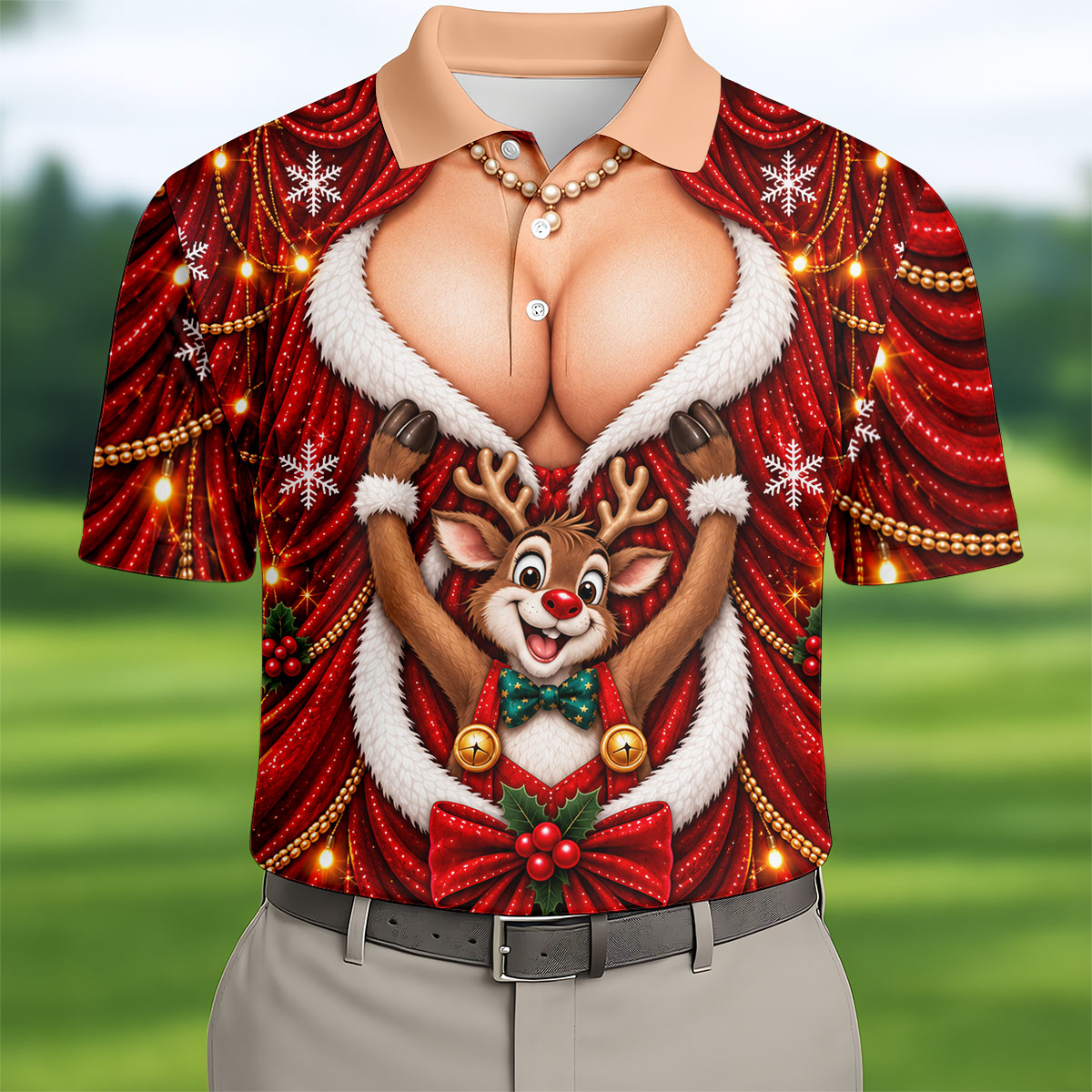 Busty Reindeer Santa Suit Christmas Golf Shirt, Mens Golf Polo, Golf Shirts For Men