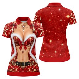 Glitter Santa Bra Fur Trim Christmas Golf Shirt, Ladies Golf Shirts, Womens Golf Tops