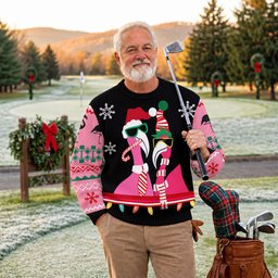 Pink Flamingo Santa Hat Ugly Christmas Sweater, Golf Lover Gifts, Christmas Golf Gift