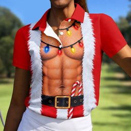 Santa Abs Lights Candy Cane Christmas Golf Shirt, Womens Golf Tops, Ladies Golf Tops