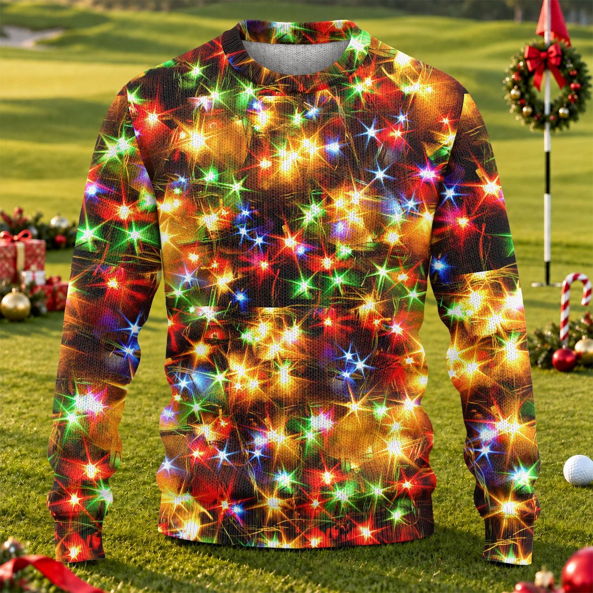 Golden Sparkling Lights Ugly Christmas Sweater, Christmas Golf Gift, Golf Lover Gifts