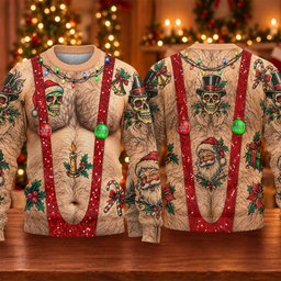 Santa Skull Hairy Chest Ugly Christmas Sweater, Ugly Sweater Party, Funny Xmas Gift