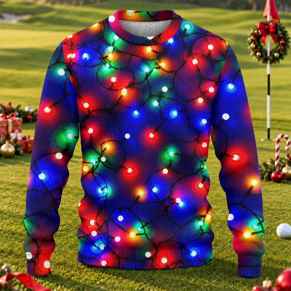 Colorful Bulb Lights Ugly Christmas Sweater, Golf Lover Gifts, Christmas Party Outfit