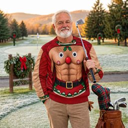 Reindeer Hairy Chest Abs Ugly Christmas Sweater, Christmas Gifts, Christmas Golf Gift