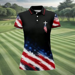 Veteran Cross USA Flag Golf Polo Shirt, Ladies Golf Shirts, Veterans Day Golf Shirt