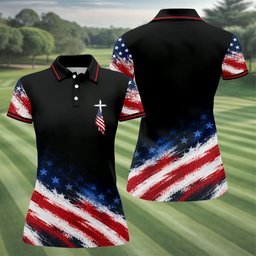 Veteran Cross USA Flag Golf Polo Shirt, Ladies Golf Shirts, Veterans Day Golf Shirt
