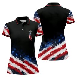 Veteran Cross USA Flag Golf Polo Shirt, Ladies Golf Shirts, Veterans Day Golf Shirt