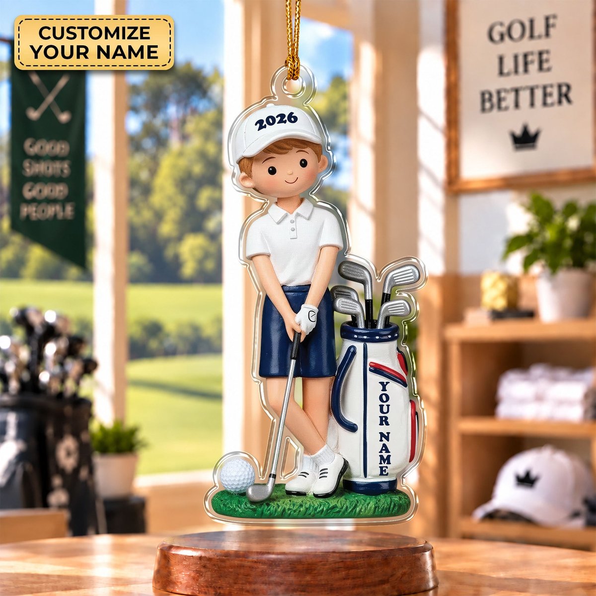 Custom Name Young Boy Golfer Acrylic Ornament, Christmas Tree Decor, Golfer Gifts