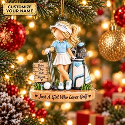 Custom Name Blue Golf Girl Acrylic Ornament, Christmas Tree Decor, Golfer Gifts