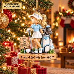 Custom Name Blue Golf Girl Acrylic Ornament, Christmas Tree Decor, Golfer Gifts