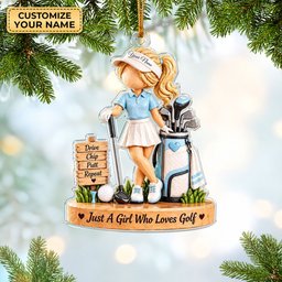 Custom Name Blue Golf Girl Acrylic Ornament, Christmas Tree Decor, Golfer Gifts