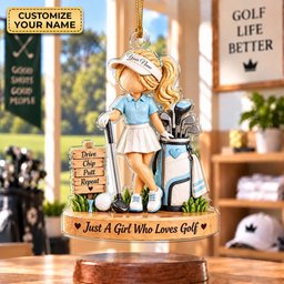 Custom Name Blue Golf Girl Acrylic Ornament, Christmas Tree Decor, Golfer Gifts
