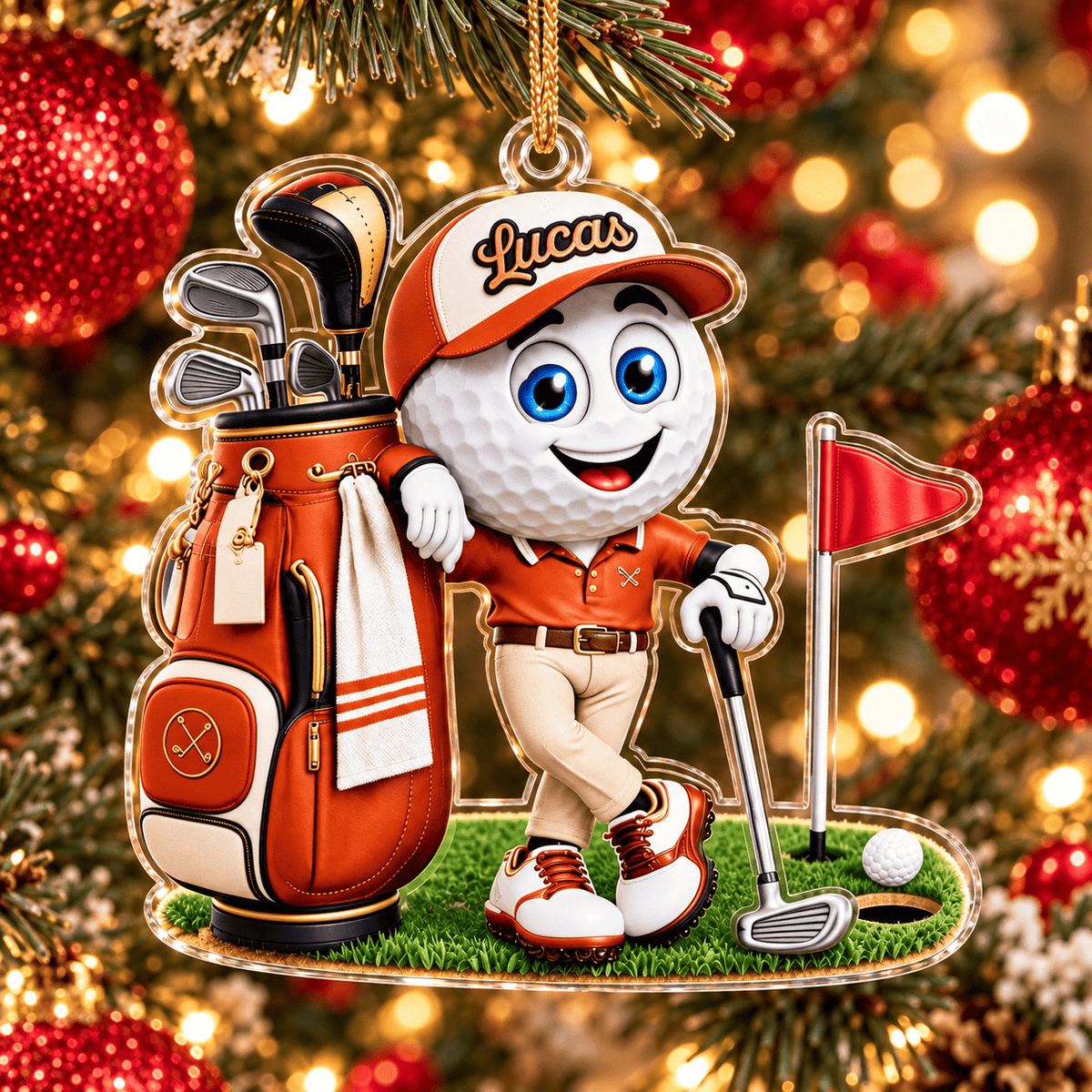 Custom Name Orange Golf Ball Caddie Acrylic Ornament, Christmas Ornaments, Golf Gifts
