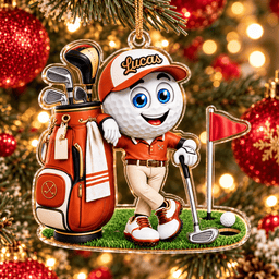 Custom Name Orange Golf Ball Caddie Acrylic Ornament, Christmas Ornaments, Golf Gifts