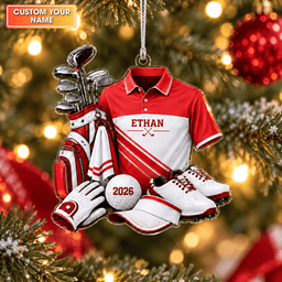 Custom Name Red Golf Shirt And Bag Acrylic Ornament, Christmas Ornaments, Golf Gifts