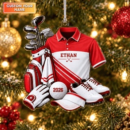 Custom Name Red Golf Shirt And Bag Acrylic Ornament, Christmas Ornaments, Golf Gifts