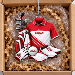 Custom Name Red Golf Shirt And Bag Acrylic Ornament, Christmas Ornaments, Golf Gifts