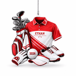 Custom Name Red Golf Shirt And Bag Acrylic Ornament, Christmas Ornaments, Golf Gifts