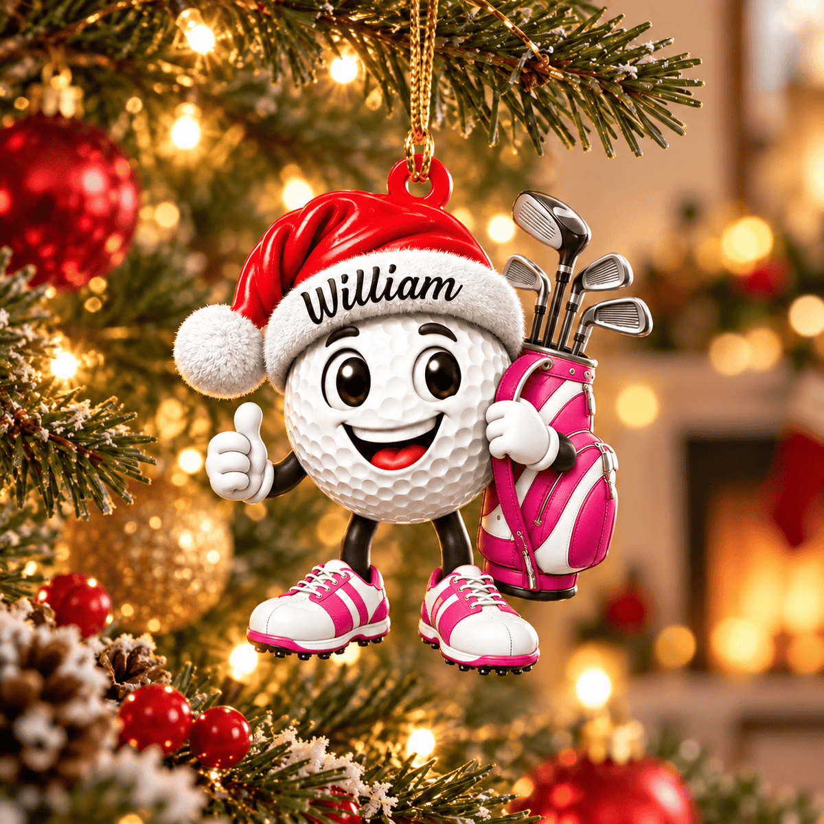 Custom Name Pink Santa Hat Golf Ball Acrylic Ornament, Christmas Gifts, Golfer Gifts