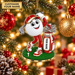 Custom Name Red Golf Ball Mascot Acrylic Ornament, Christmas Ornaments, Golf Gifts