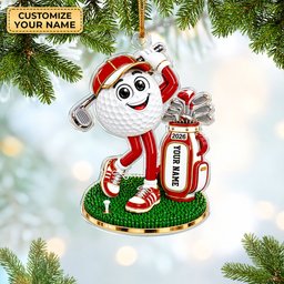 Custom Name Red Golf Ball Mascot Acrylic Ornament, Christmas Ornaments, Golf Gifts