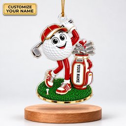 Custom Name Red Golf Ball Mascot Acrylic Ornament, Christmas Ornaments, Golf Gifts