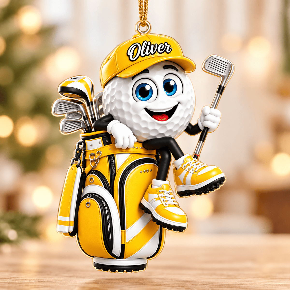 Custom Name Yellow Golf Ball In Golf Bag Acrylic Ornament, Tree Ornaments, Golf Gifts