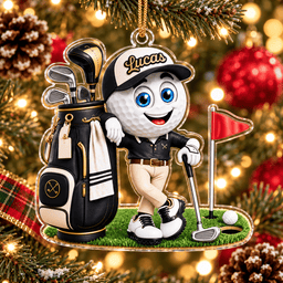 Custom Name Black Golf Ball Caddie Acrylic Ornament, Christmas Gifts, Golfer Gifts