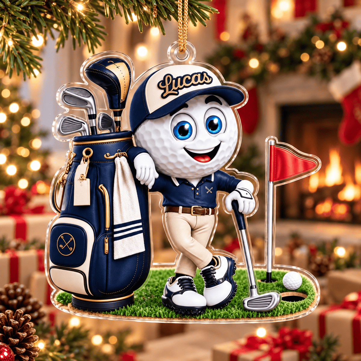 Custom Name Navy Golf Ball Caddie Acrylic Ornament, Christmas Gifts, Golfer Gifts