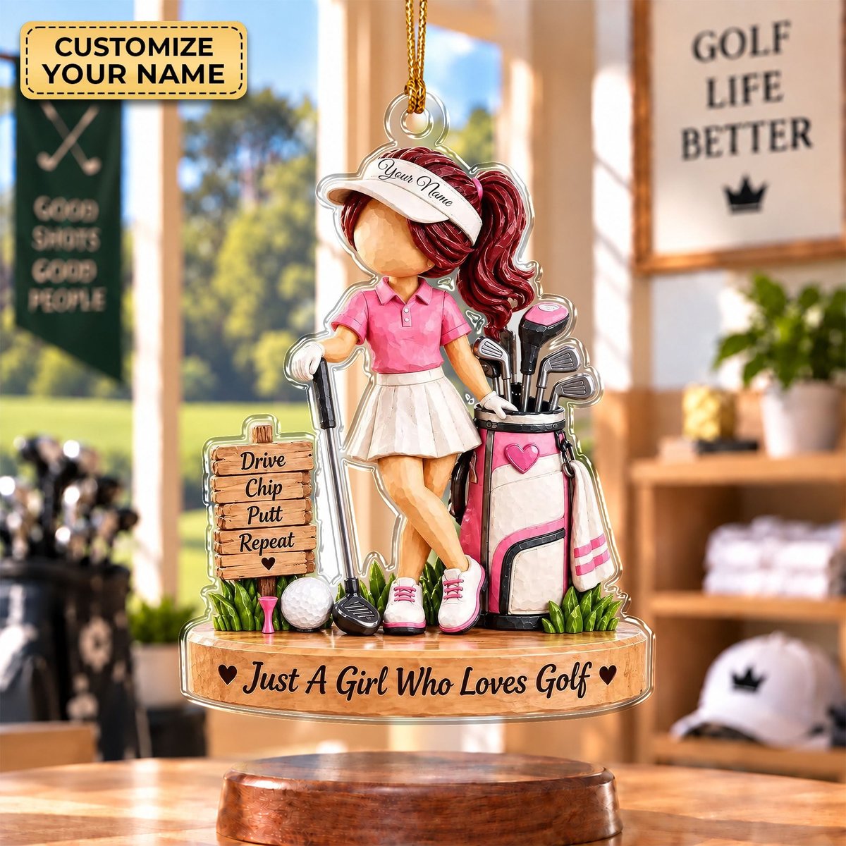 Custom Name Pink Golf Girl Acrylic Ornament, Christmas Ornaments, Golf Gifts
