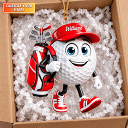 Custom Name Red Walking Golf Ball Acrylic Ornament, Christmas Gifts, Golfer Gifts
