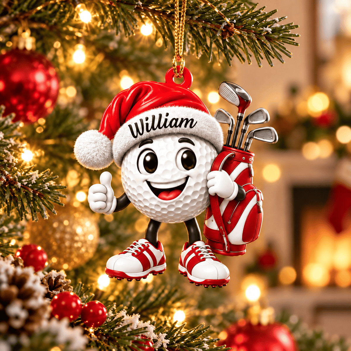 Custom Name Red Santa Hat Golf Ball Acrylic Ornament, Christmas Gifts, Golfer Gifts
