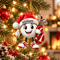 Custom Name Red Santa Hat Golf Ball Acrylic Ornament, Christmas Gifts, Golfer Gifts