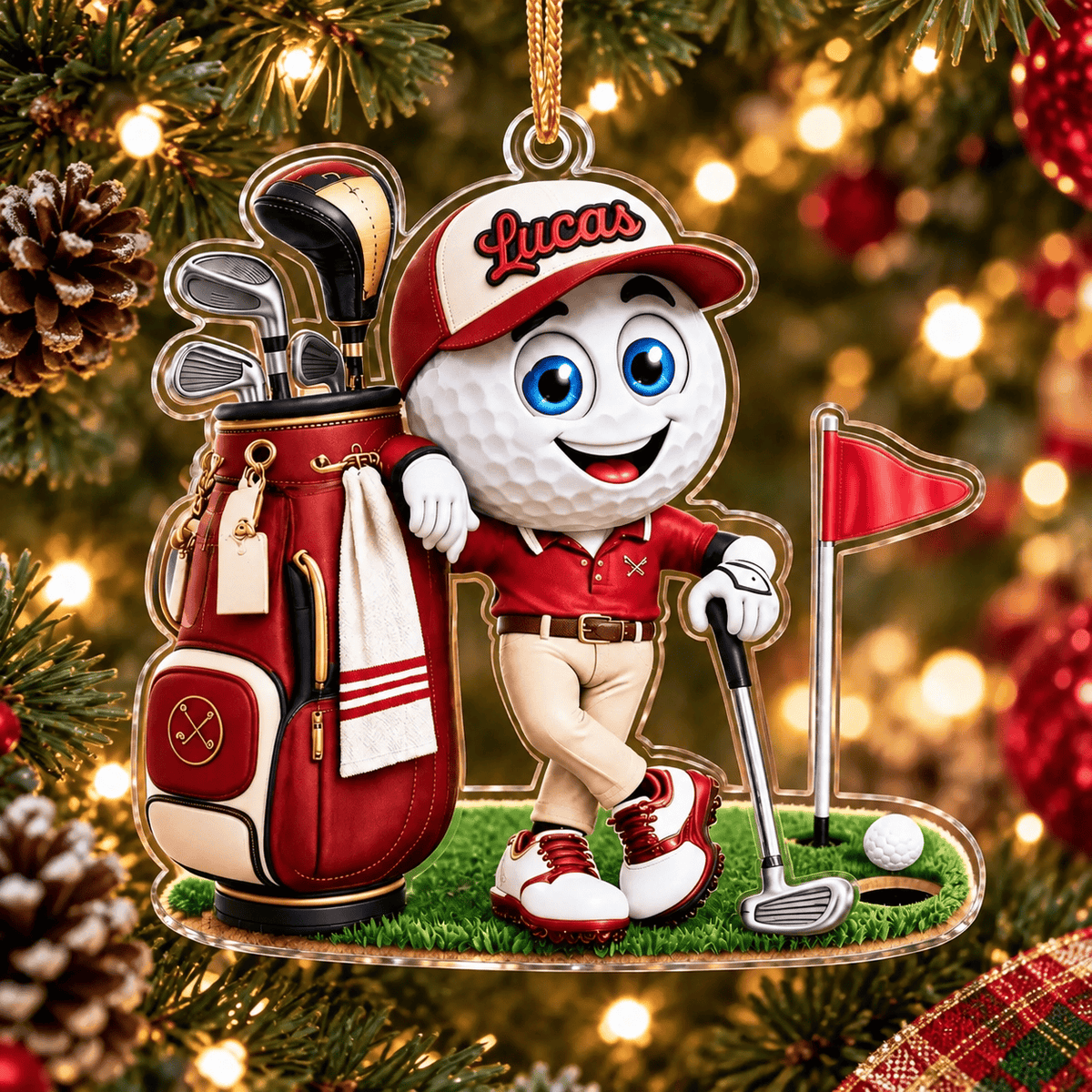 Custom Name Red Golf Ball Caddie Acrylic Ornament, Christmas Tree Decor, Golfer Gifts