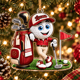 Custom Name Red Golf Ball Caddie Acrylic Ornament, Christmas Tree Decor, Golfer Gifts
