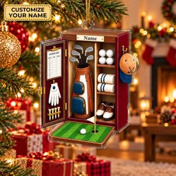 Custom Name Red Golf Locker Acrylic Ornament, Christmas Ornaments, Golf Gifts