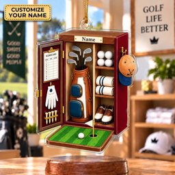 Custom Name Red Golf Locker Acrylic Ornament, Christmas Ornaments, Golf Gifts