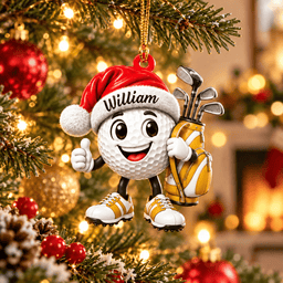 Custom Name Yellow Santa Hat Golf Ball Acrylic Ornament, Holiday Gifts, Golf Gifts