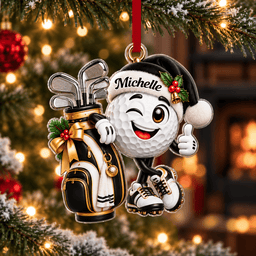 Custom Name Black Golf Ball Santa Hat Acrylic Ornament, Holiday Gifts, Golfer Gifts