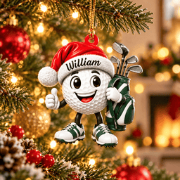 Custom Name Green Santa Hat Golf Ball Acrylic Ornament, Holiday Gifts, Golf Gifts