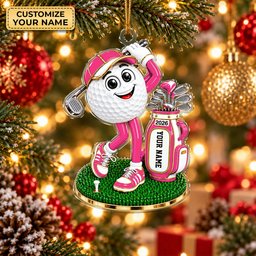 Custom Name Pink Golf Ball Mascot Acrylic Ornament, Christmas Tree Decor, Golf Gifts