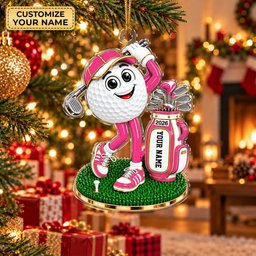 Custom Name Pink Golf Ball Mascot Acrylic Ornament, Christmas Tree Decor, Golf Gifts