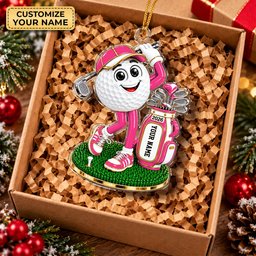 Custom Name Pink Golf Ball Mascot Acrylic Ornament, Christmas Tree Decor, Golf Gifts