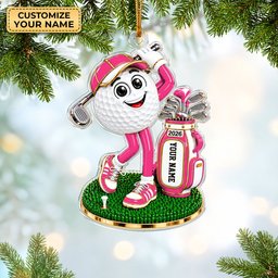 Custom Name Pink Golf Ball Mascot Acrylic Ornament, Christmas Tree Decor, Golf Gifts