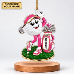 Custom Name Pink Golf Ball Mascot Acrylic Ornament, Christmas Tree Decor, Golf Gifts