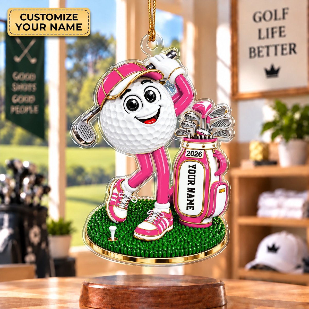 Custom Name Pink Golf Ball Mascot Acrylic Ornament, Christmas Tree Decor, Golf Gifts