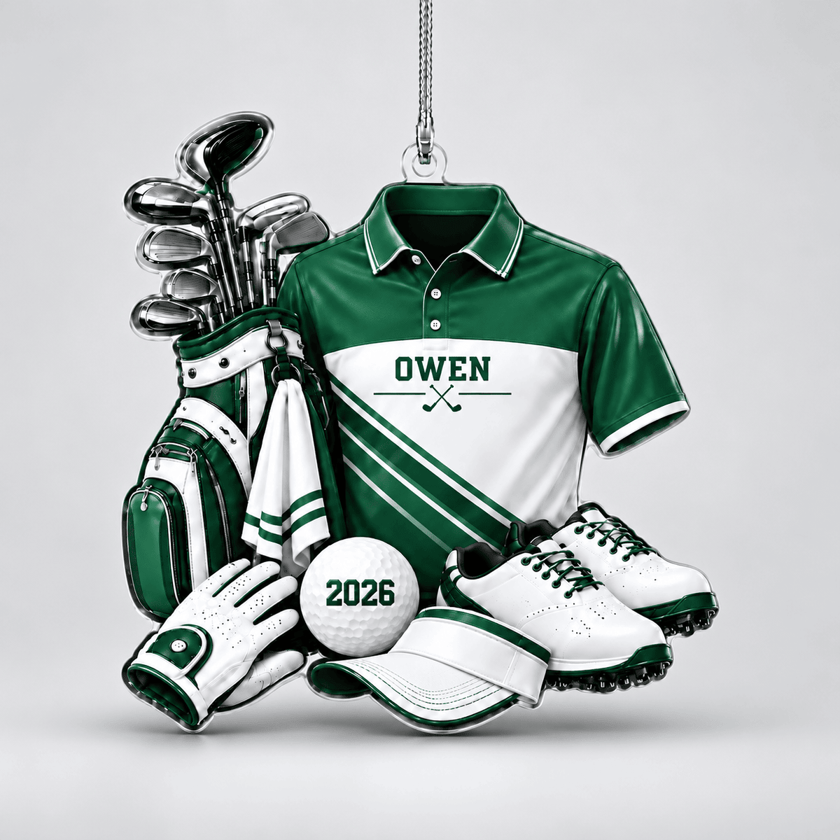 Custom Name Green Golf Shirt And Bag Acrylic Ornament, Holiday Gifts, Golf Gifts