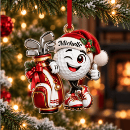 Custom Name Red Golf Ball Santa Hat Acrylic Ornament, Christmas Ornaments, Golf Gifts