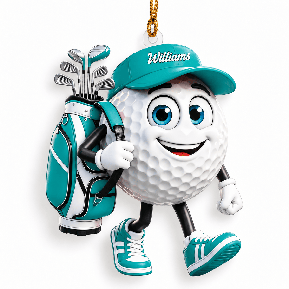 Custom Name Teal Walking Golf Ball Acrylic Ornament, Christmas Ornaments, Golf Gifts